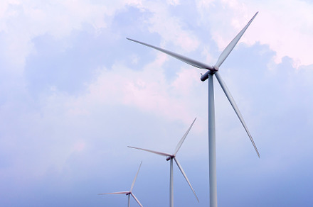 Wind turbine renewable energy source summer in forest mountains, an Industrial Photo by Casanowe-studio
