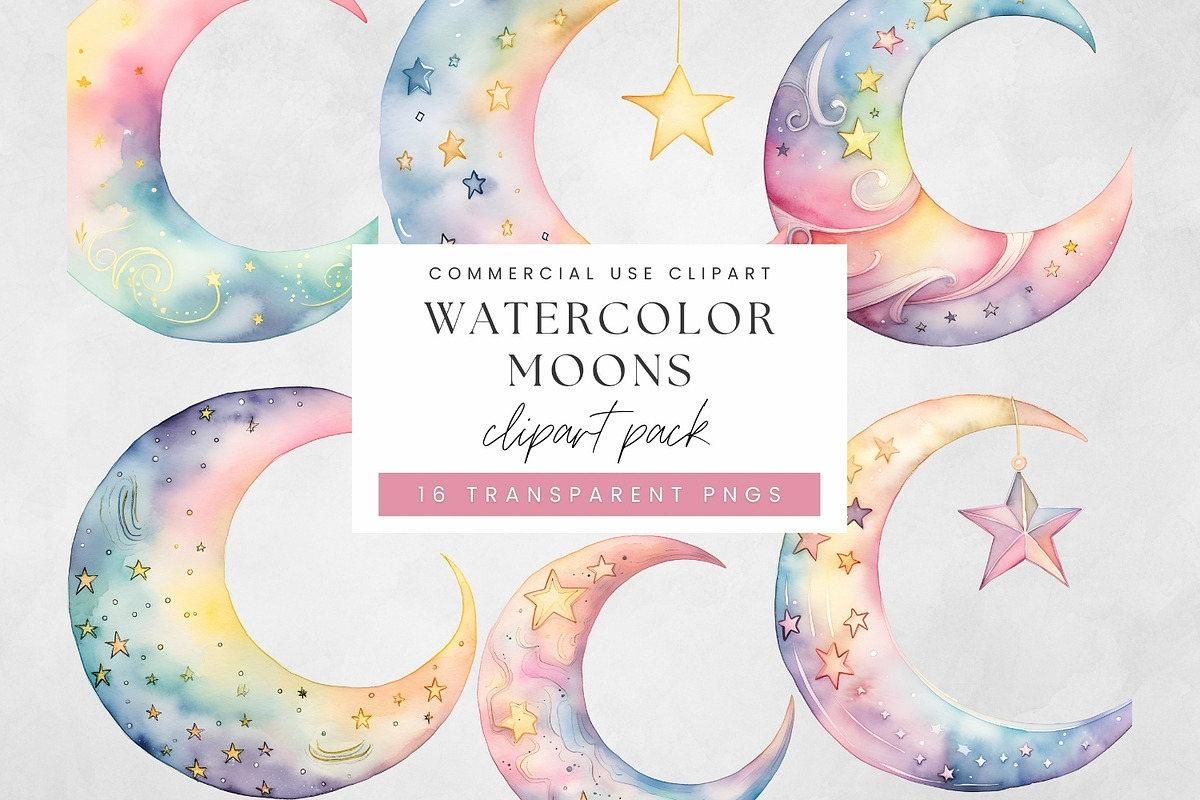 Watercolor Moon Clipart PNG, Pastel, a Decorative Illustration by illuztrate (Photo 1 of 6)