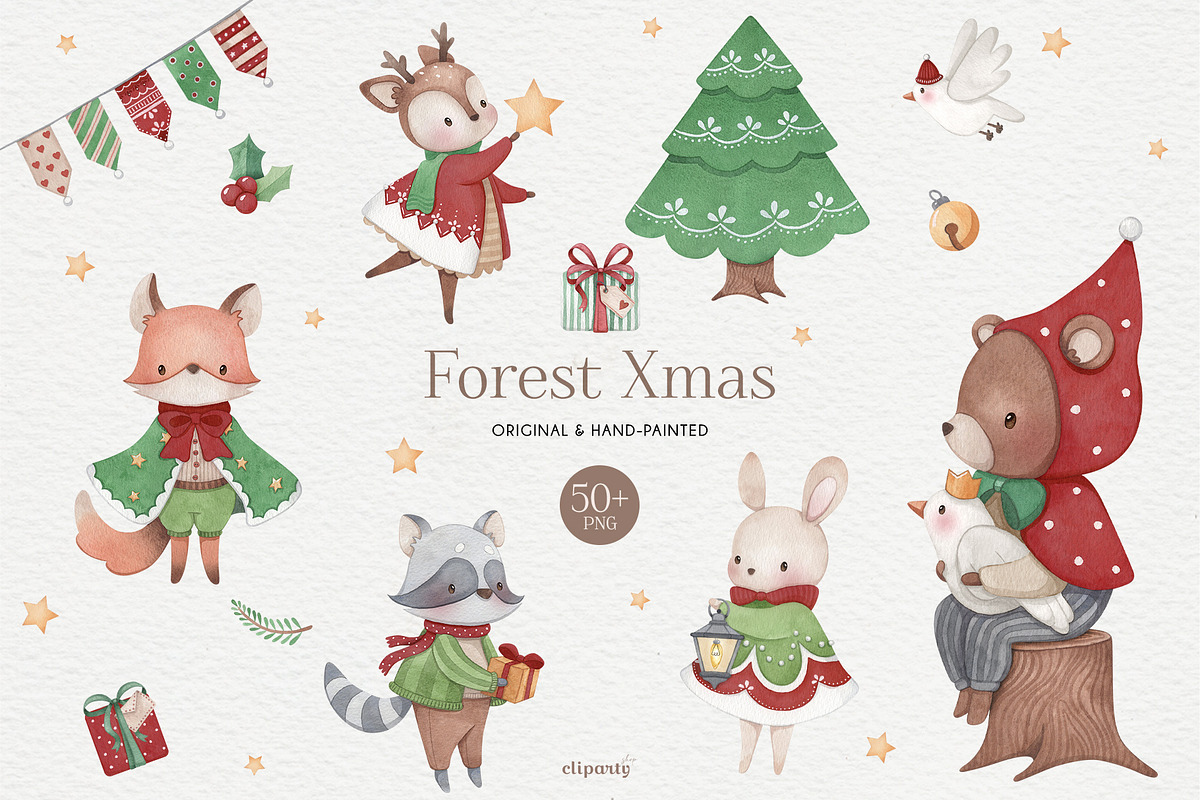 Forest Christmas Watercolor Clipart, an Illustration by Gau Silva Studio (Photo 1 of 4)