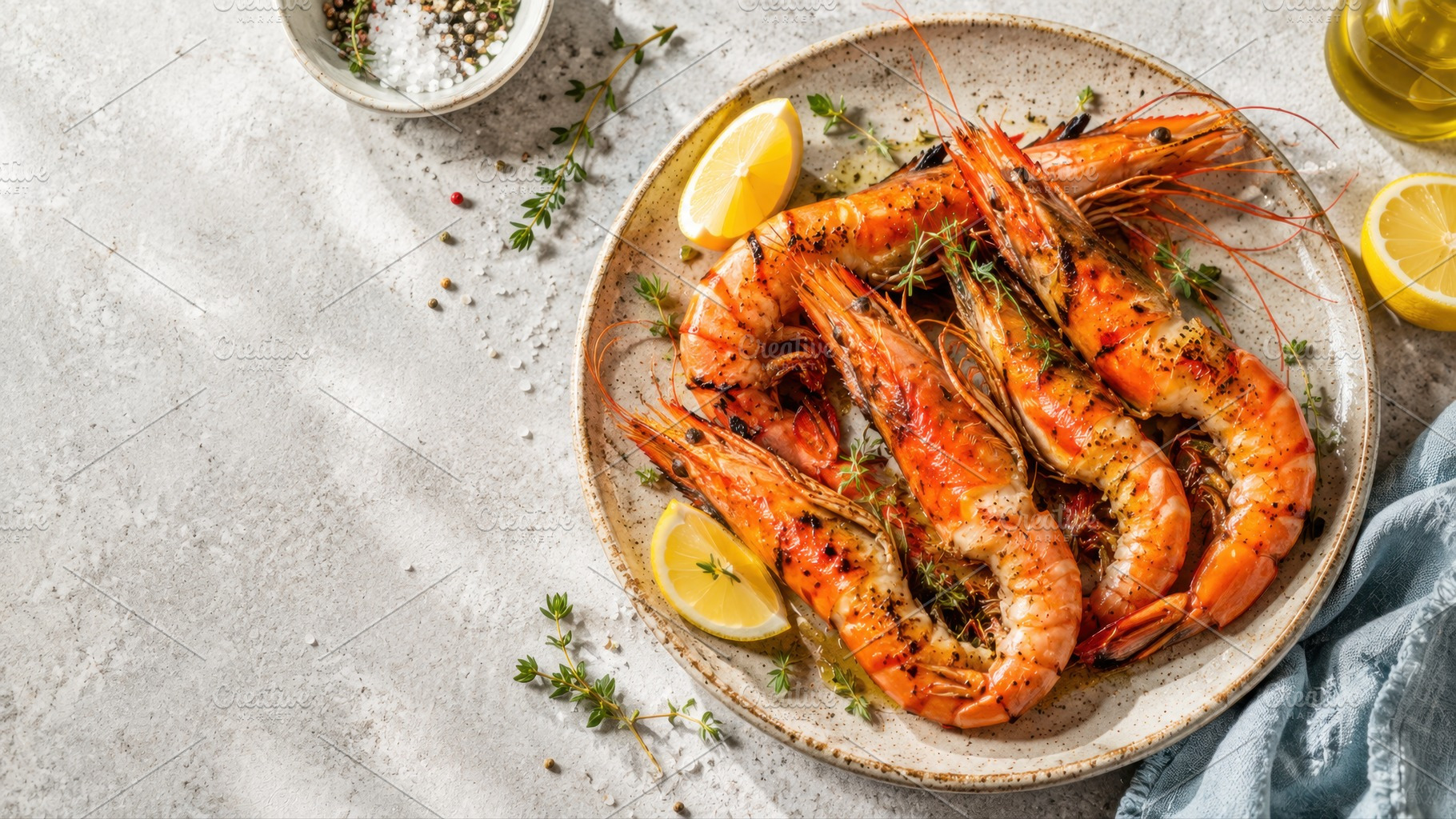 Grilled shrimp on a plate with lemon, a Photo by Beautiful things