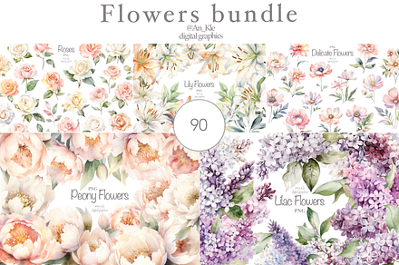 Watercolor flowers bundle, a Decorative Illustration by TheCuteShop