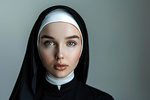 Young praying nun on grey background, a Person Photo by AlyaAnd