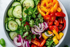 Colorful fresh vegetable salad in bo, a Food & Drink Photo by Pixeness Studio