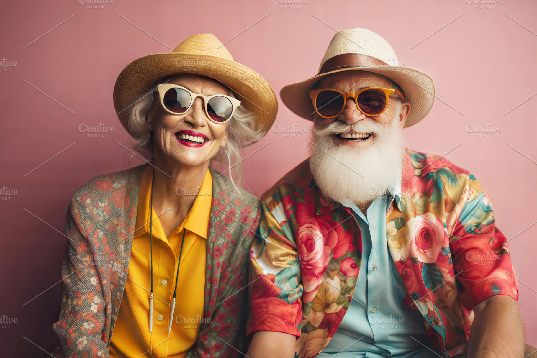Happy elderly couple in colorful outfits and sunglasses, smiling at camera., a Person Photo by ImageMir