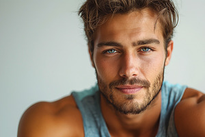 A handsome young man of Caucasian descent with striking blue eyes and a beard,, a Person Photo by ImageMir