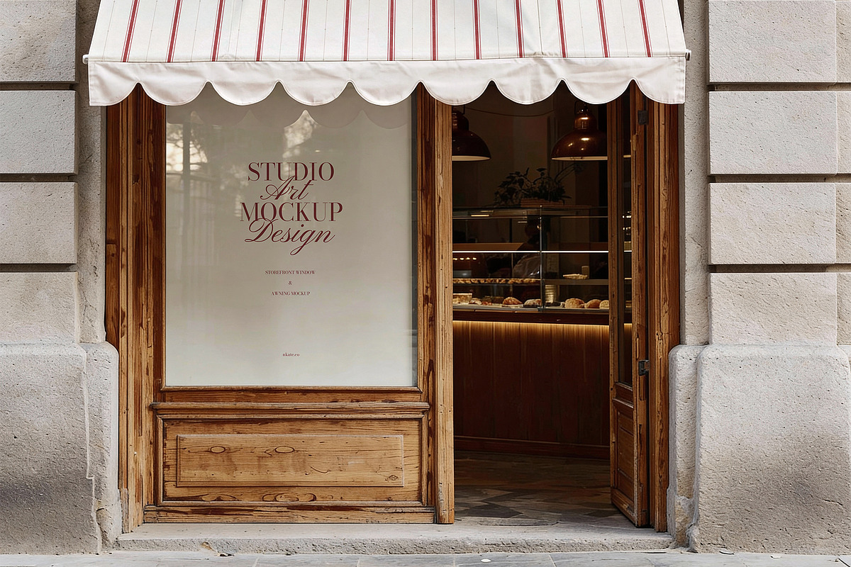 Storefront Window & Awning Mockup, an Advertising Mockup by nkate (Photo 1 of 6)