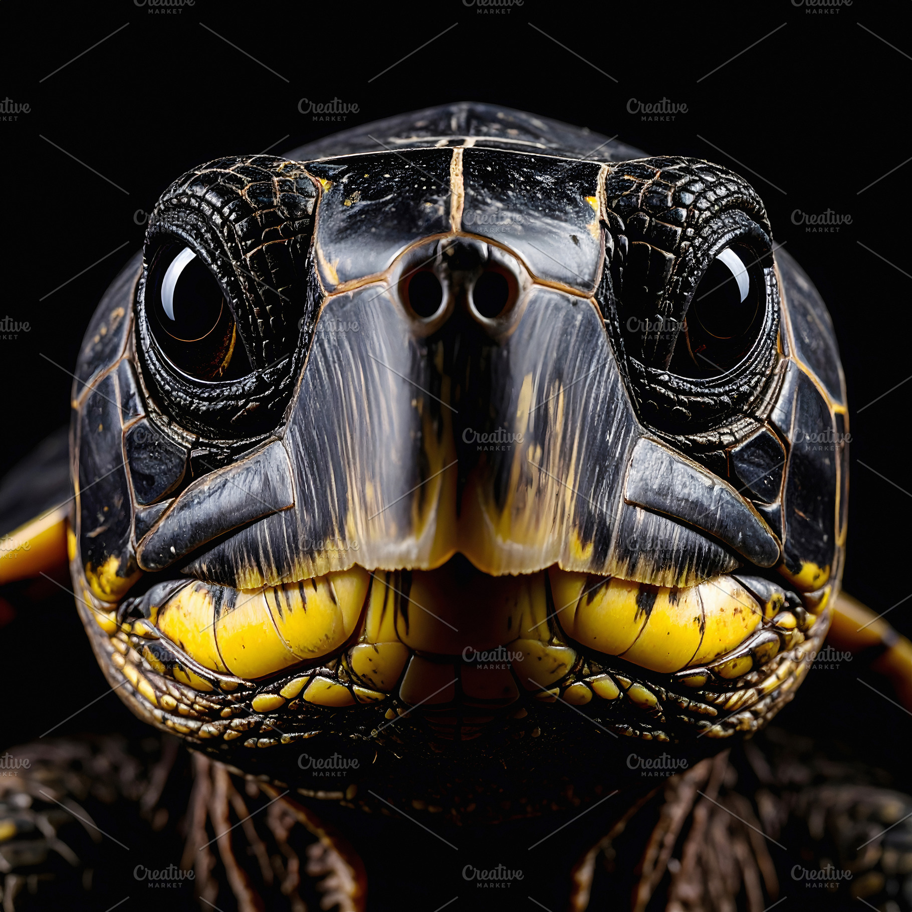 Dark patterned turtle face with intense eyes and scale, an Animal Photo by GoodGoods