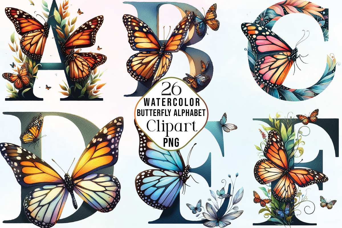 Watercolor Butterfly Alphabet PNG, an Illustration by CraftArtStudio (Photo 1 of 6)