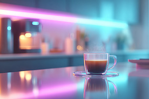 Sleek neon kitchen with illuminated surfaces and coffee cup on counter, a Food & Drink Photo by AlyaAnd
