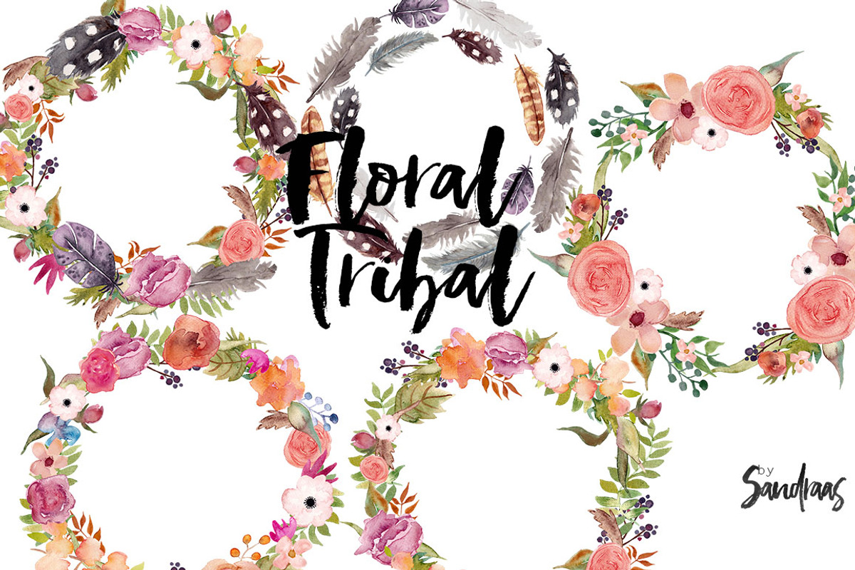 Floral tribal clip art, hand painted, an Illustration by SandraGraphicDesign (Photo 2 of 5)