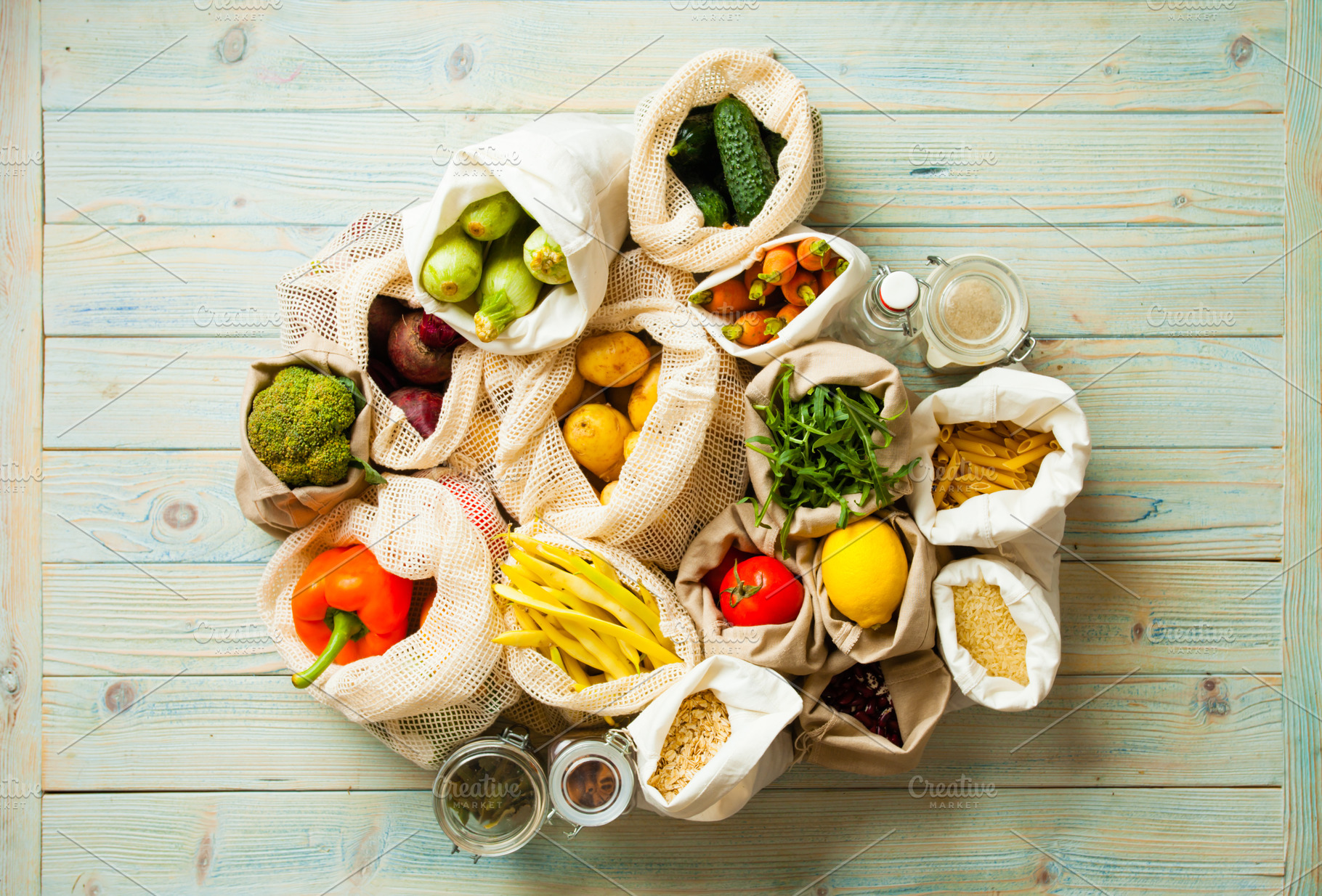 Fresh vegetables in eco cotton bags featuring eco, food, and organic, a Food & Drink Photo by oksix
