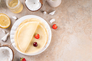 Viral trendy vegan thin crepes pancakes without egg, butter or m, a Food & Drink Photo by Rimma