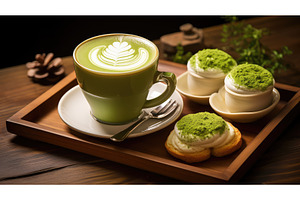 table green tea latte ai generated, a Food & Drink Photo by pikepicture