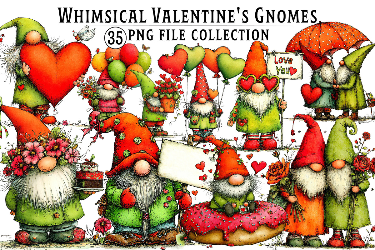 Whimsical Valentine's Gnomes Clipart, an Illustration by Dream Creation (Photo 1 of 7)