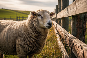 Fluffy sheep stands by wooden fence, an Animal Photo by zahidhossainalif