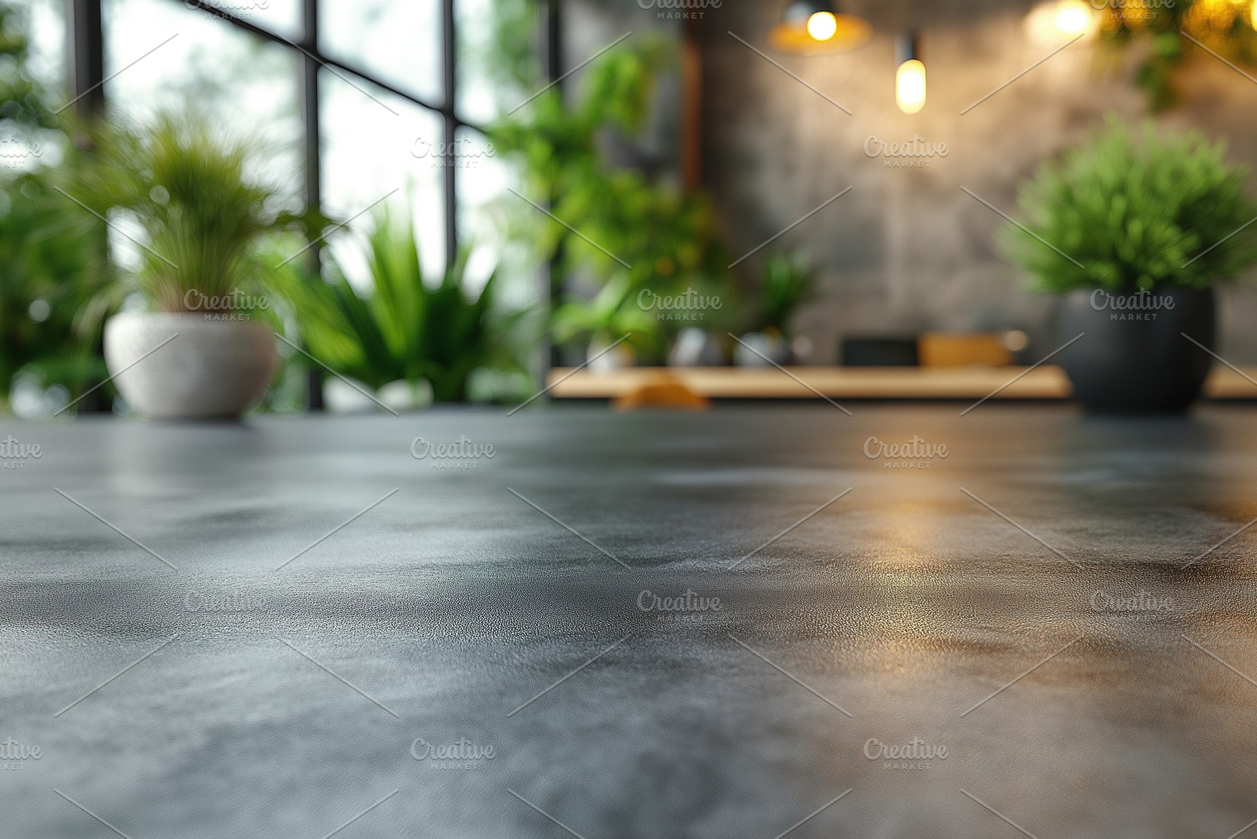A cozy indoor workspace featuring a sleek black table, adorned with potted plan, a Background Photo by ImageMir