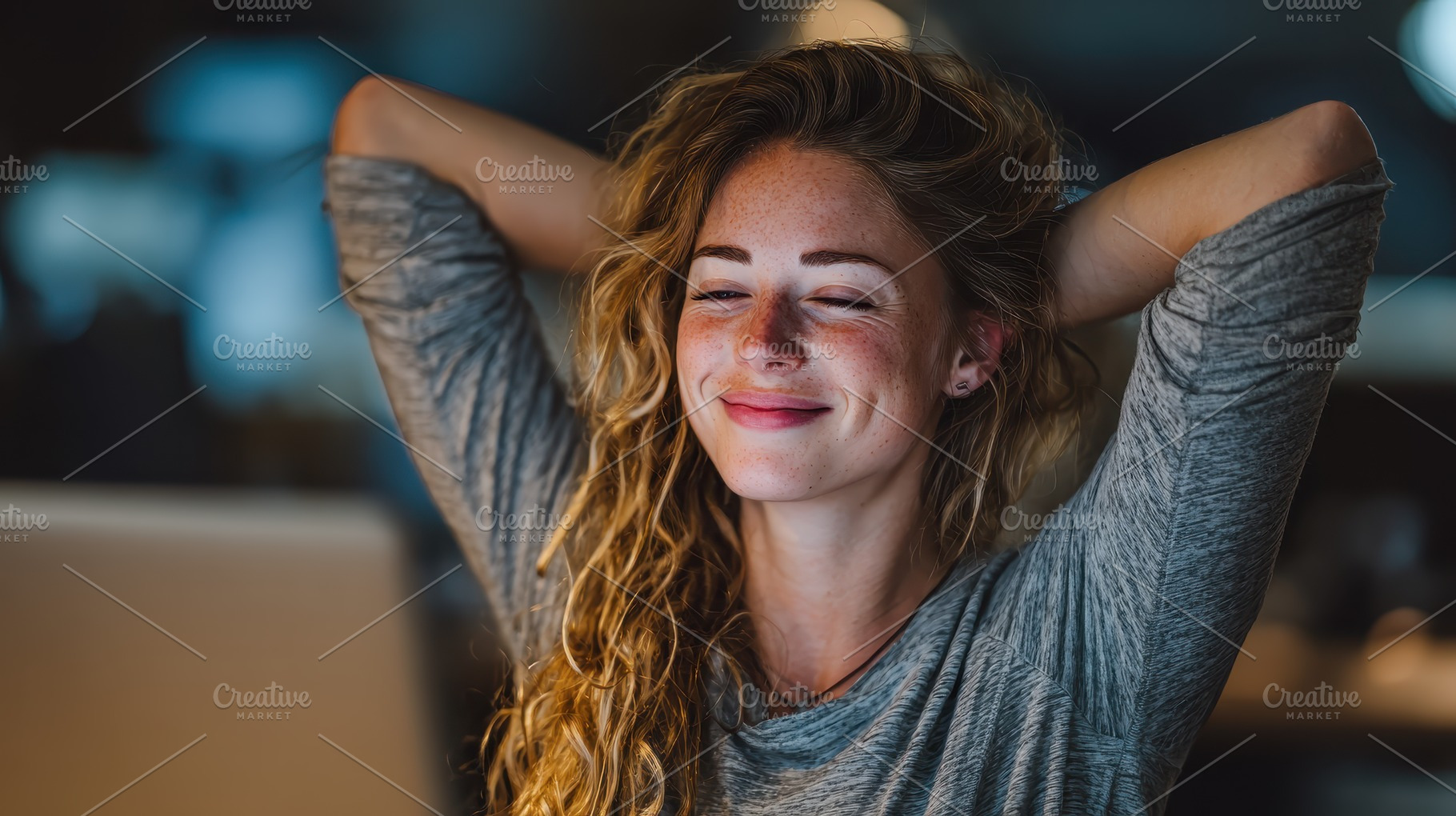 Relaxed woman with freckles and wavy, a Photo by Pixeness Studio
