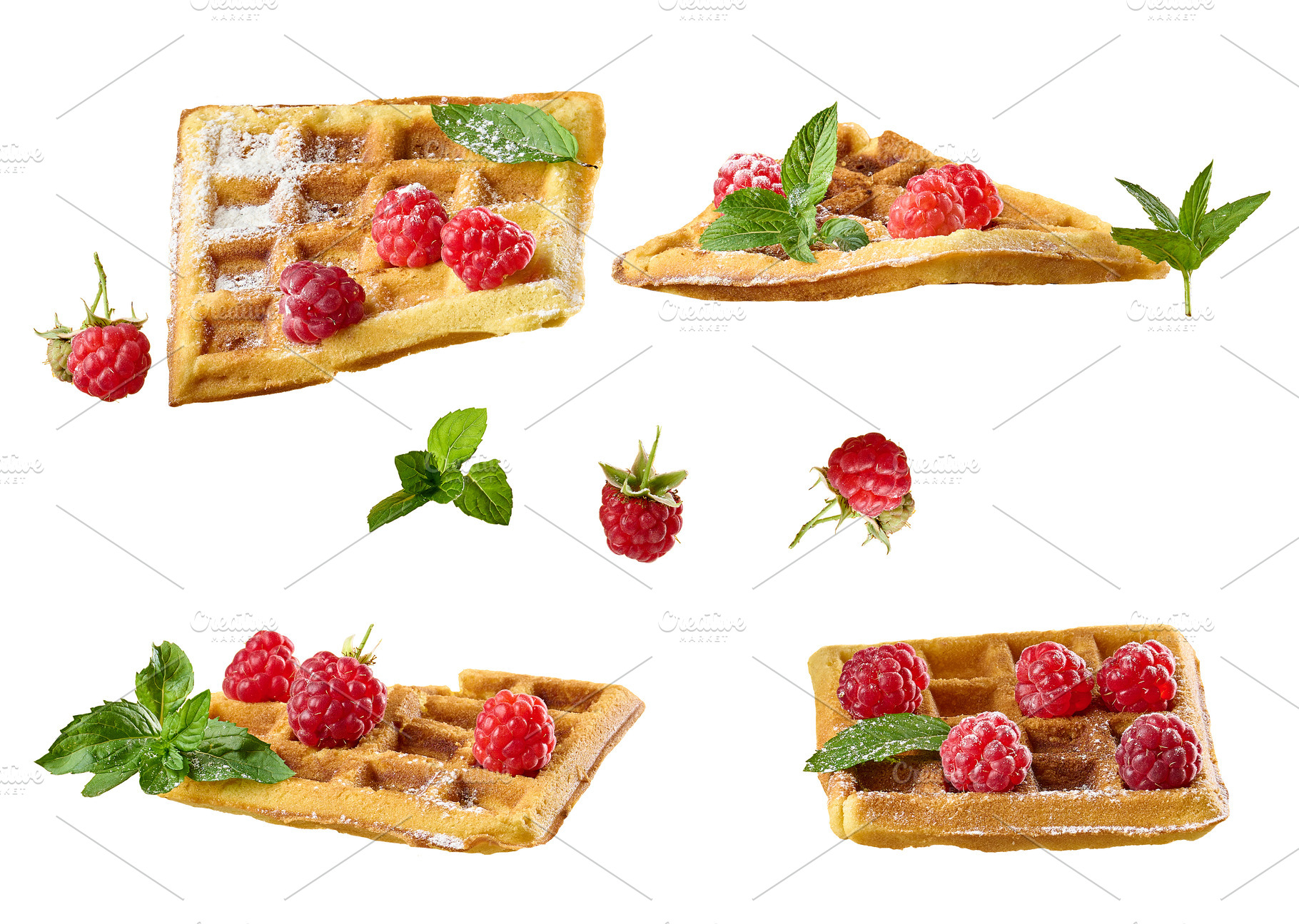 Belgian waffles with raspberries, mint and sprinkled with powder, a Food & Drink Photo by ndanko