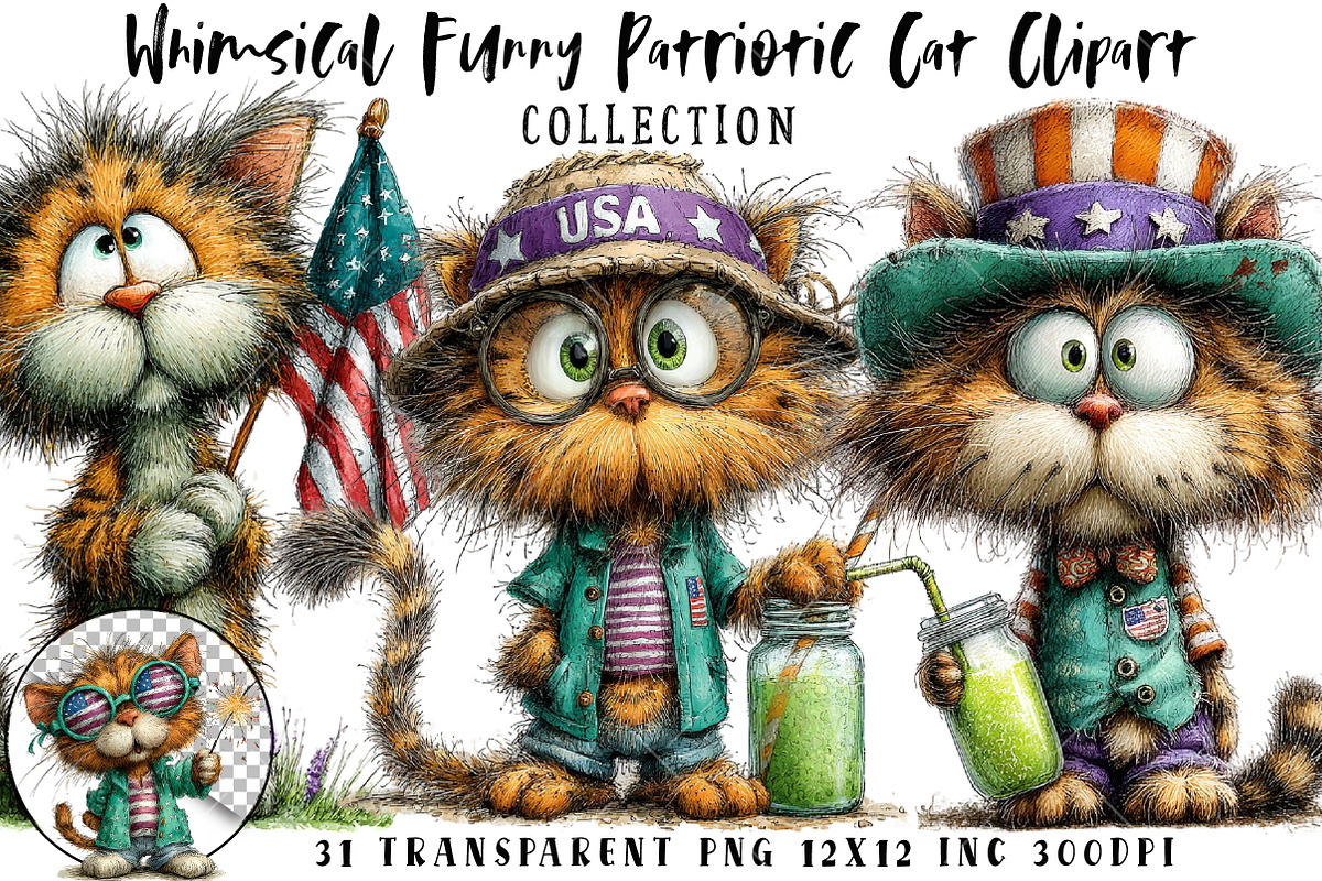 Whimsical Funny Patriotic Cat Clipar, an Illustration by OK Design (Photo 1 of 6)