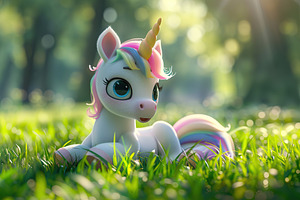 Illustration of cute baby unicorn on green grass, an Animal Photo by AlyaAnd