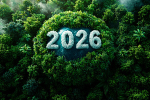Cloud-shaped 2026 numbers over Earth surrounded by dense green f, a Background Photo by José Manuel Gelpi