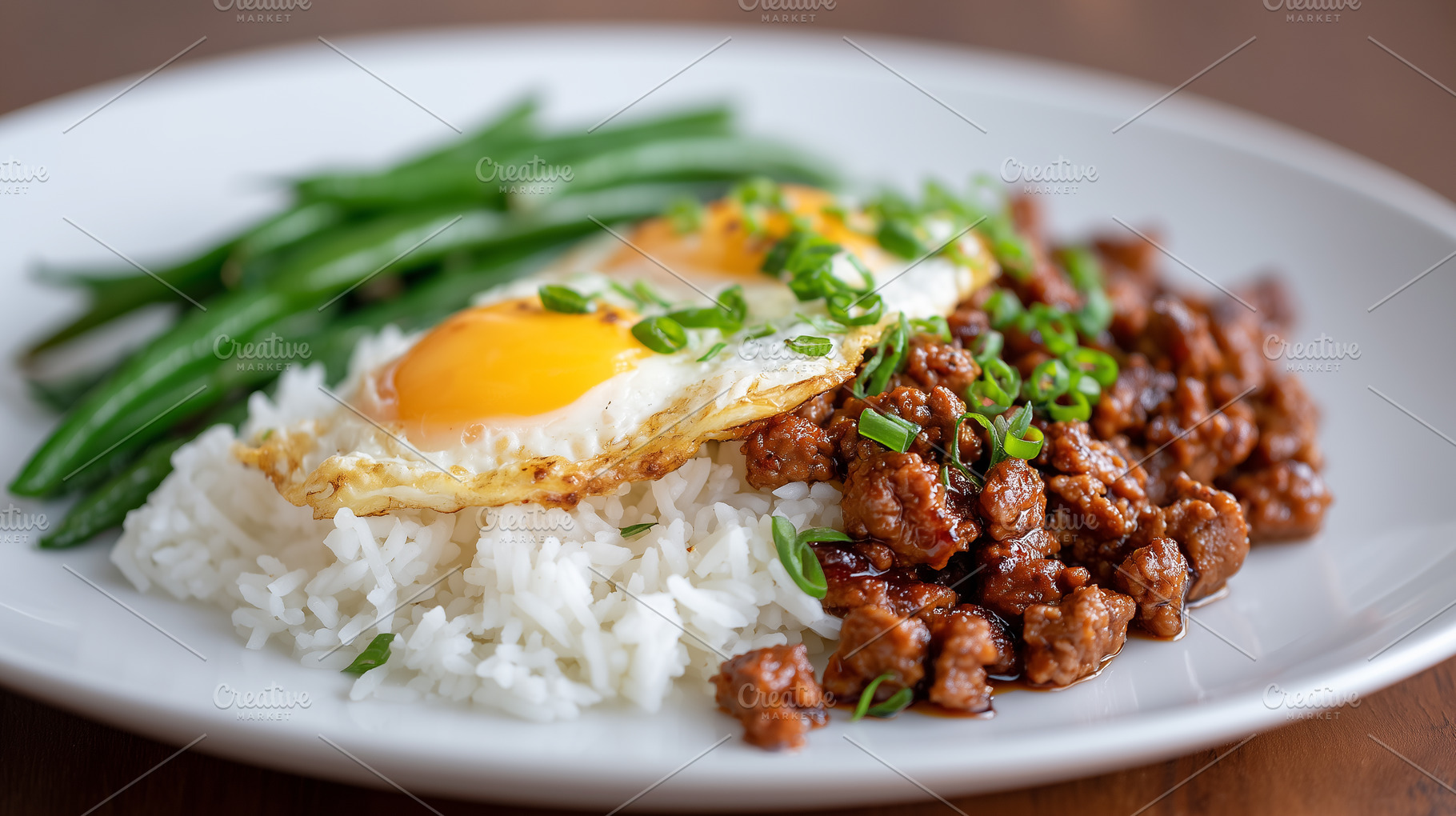 Delicious dish with steamed rice, a Food & Drink Photo by MistyDay