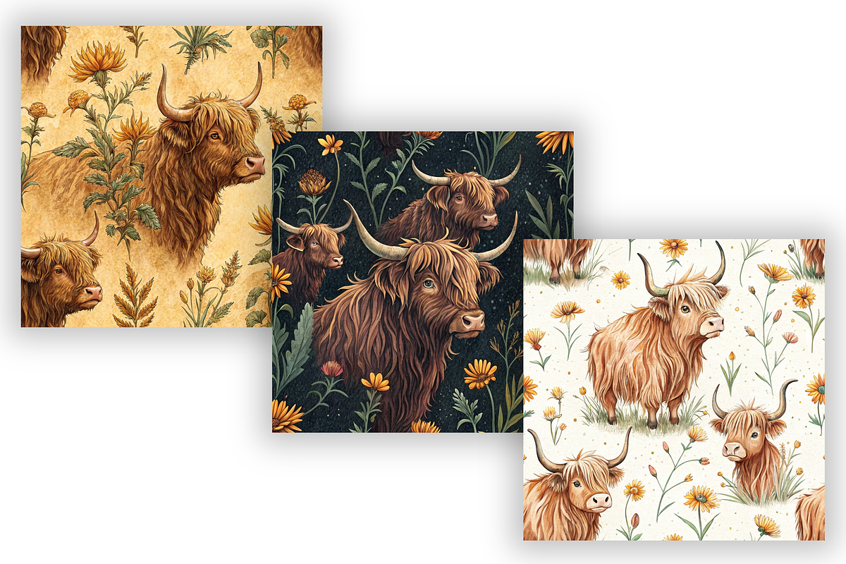 Highland Cow Digital Paper Pack, a Pattern Graphic by FloridPrintables (Photo 5 of 9)