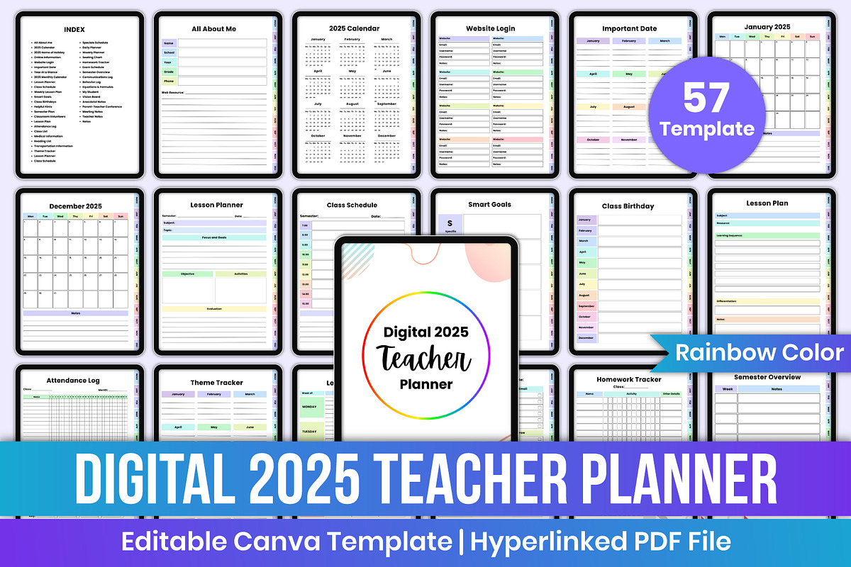 Digital 2025 Teacher Planner Rainbow, a Stationery Template by Mustafiz (Photo 1 of 8)