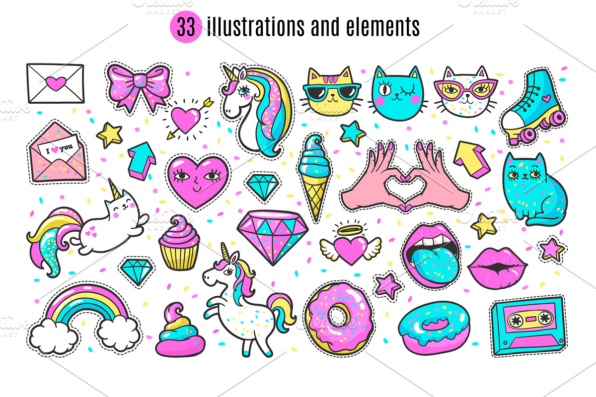 Unicorns and Cats Clipart + Patterns, an Illustration by Martyshova (Photo 2 of 7)