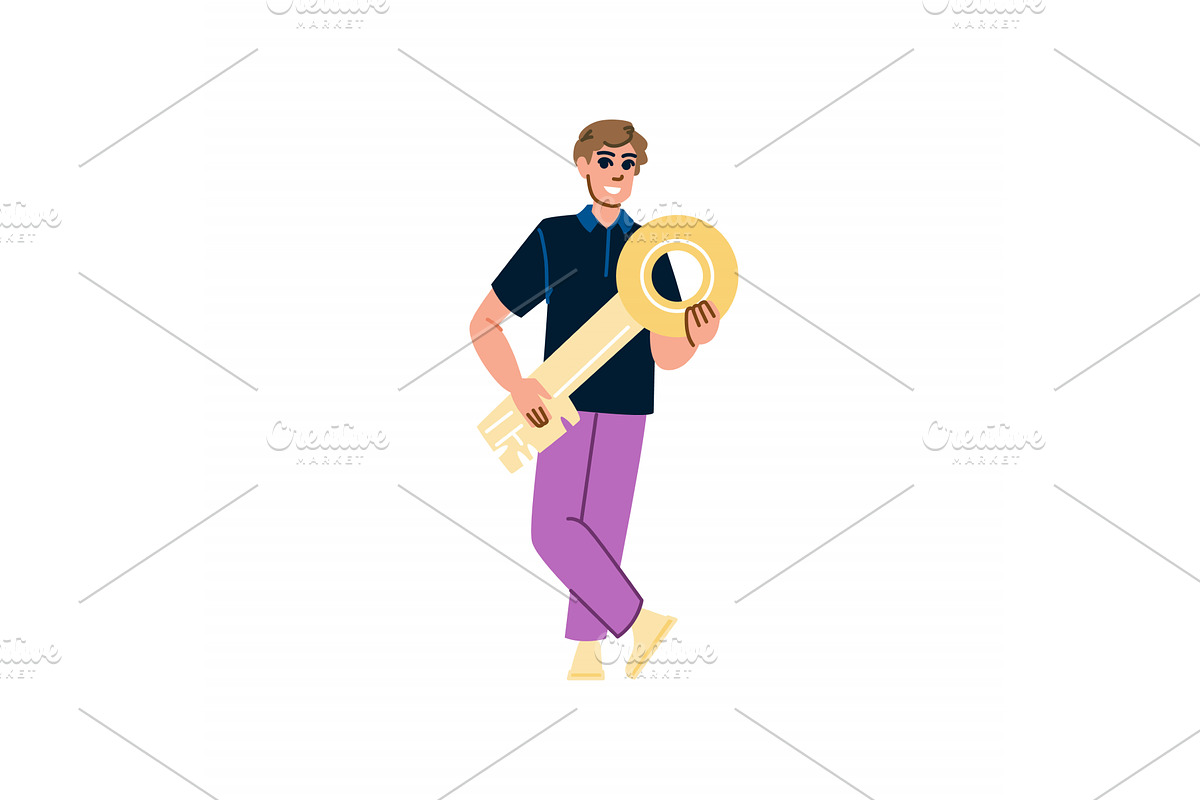 Smiling man holding a giant gold key, a Finance Illustration by pikepicture
