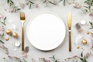 Minimal Easter Table Setting with Golden Eggs and Spring Flowers, a Holiday Photo by Natalia Klenova's Shop