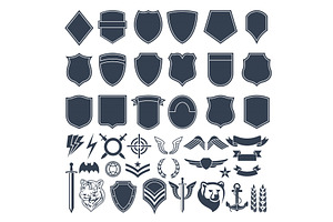 Set Of Empty Shapes For Military Badges. Army Monochrome Symbols