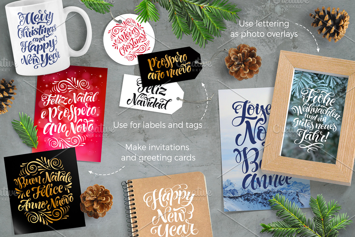 Holidays Lettering / 6 languages, an Illustration by bariskina (Photo 2 of 8)