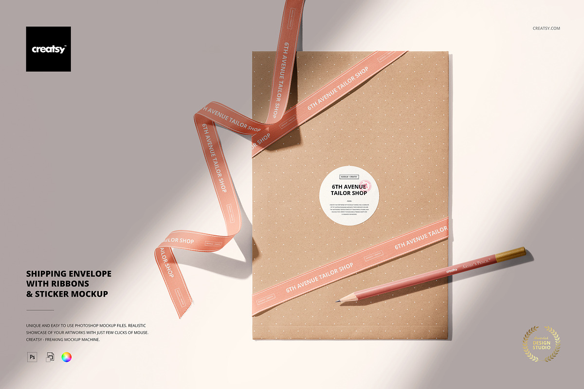 Shipping Envelope & Ribbons Mockup, a Merchandise Mockup by creatsy5 (Photo 1 of 6)