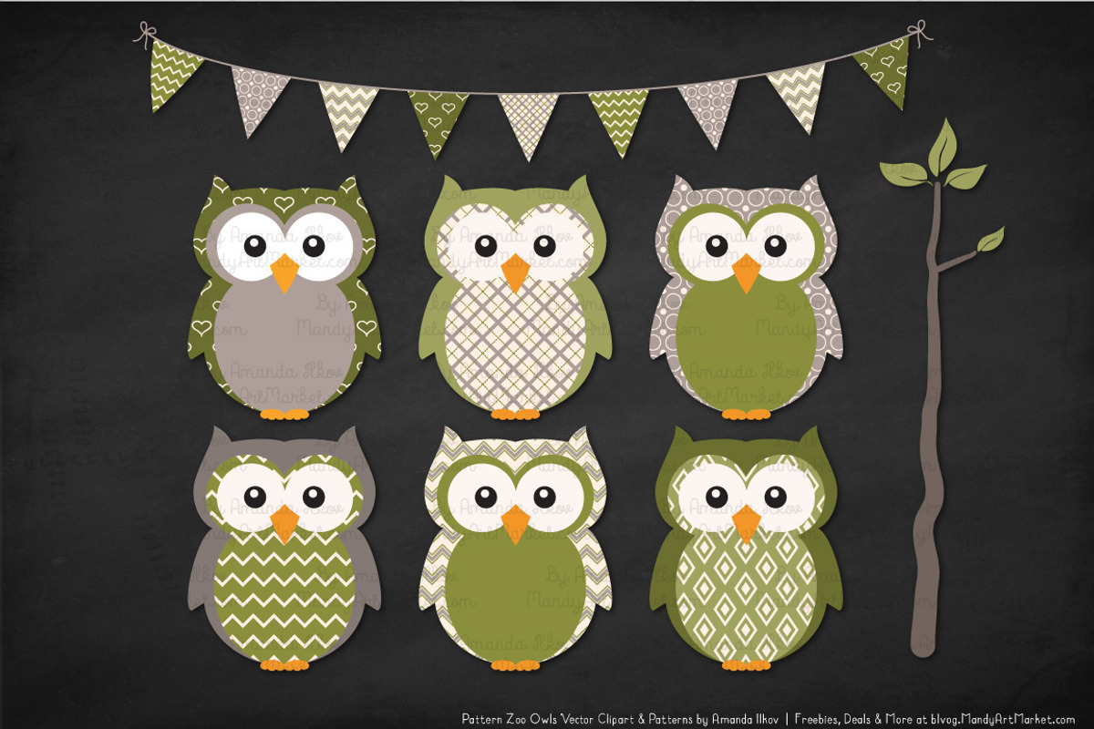 Owls Clipart & Patterns in Avocado, an Animal Illustration by Amanda Ilkov (Photo 3 of 4)