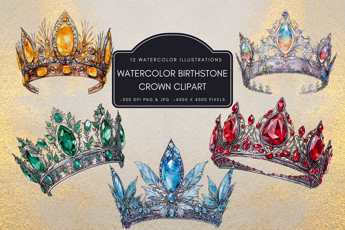 Watercolor Birthstone Crown Clipart, an Illustration by NadiaTheronArt (Photo 1 of 5)