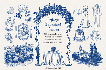 Italian Whimsical Clipart Set, an Object Illustration by Jenny Quince