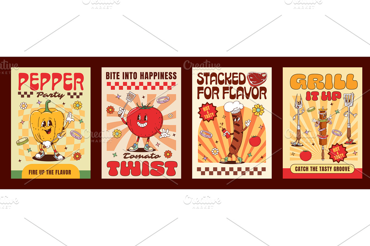 Retro meat and barbeque groovy, a Food Illustration by Buch&Bee