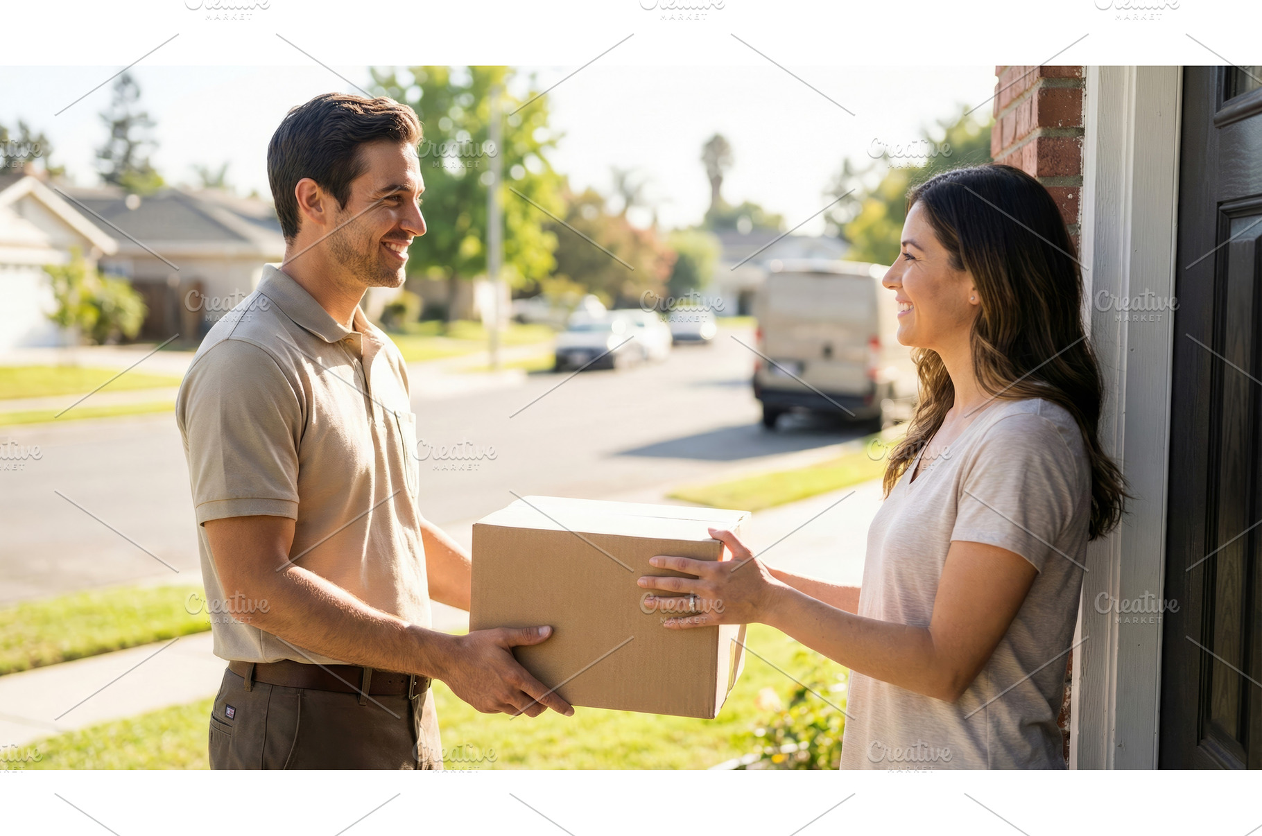 Delivery Man Gives Package, a Person Photo by CREATIVEDEF