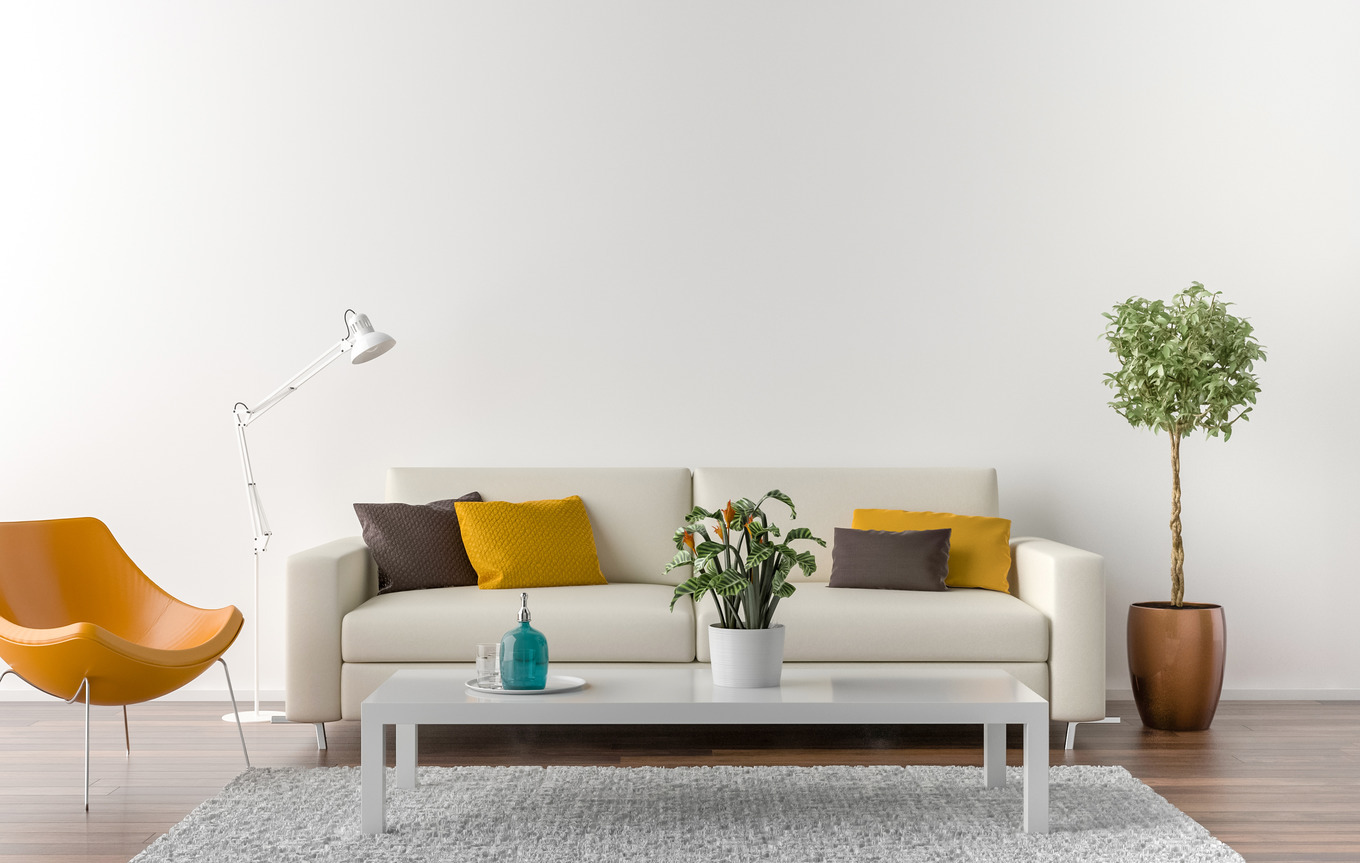 Empty living room background featuring sofa, white, and background, an ...