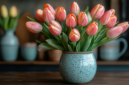 Vibrant bouquet of pink tulips in a, a Photo by Tanuart