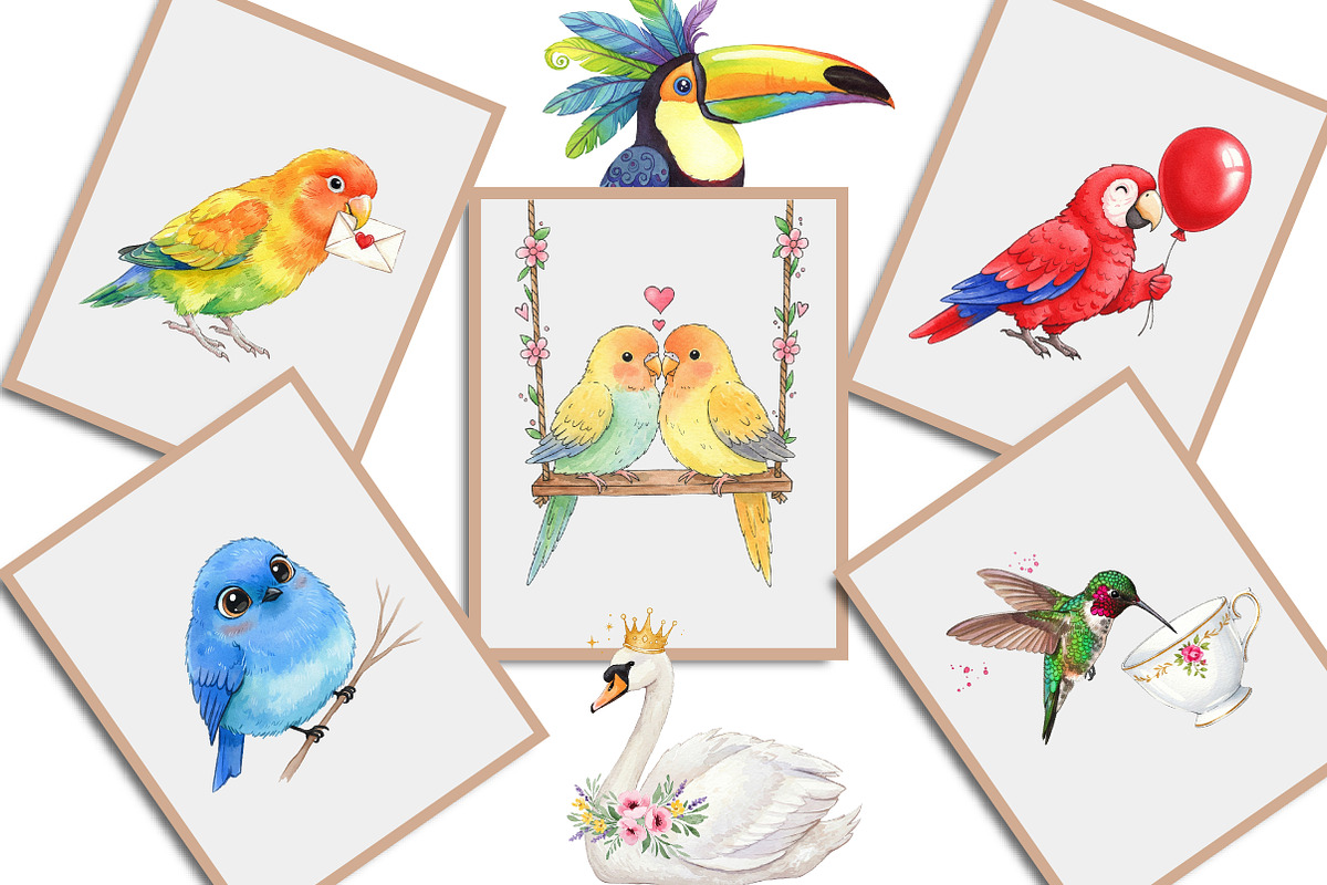 Watercolor Cute Whimsical Birds Png, an Illustration by Creative Art (Photo 4 of 9)