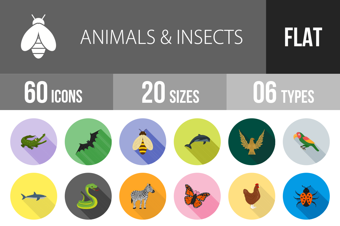 60 Animals  Insects Flat Shadowed by Iconbunny  Creative Market