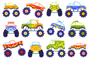 Cartoon monster trucks. Kids cars, a Transportation Illustration by winwin.art