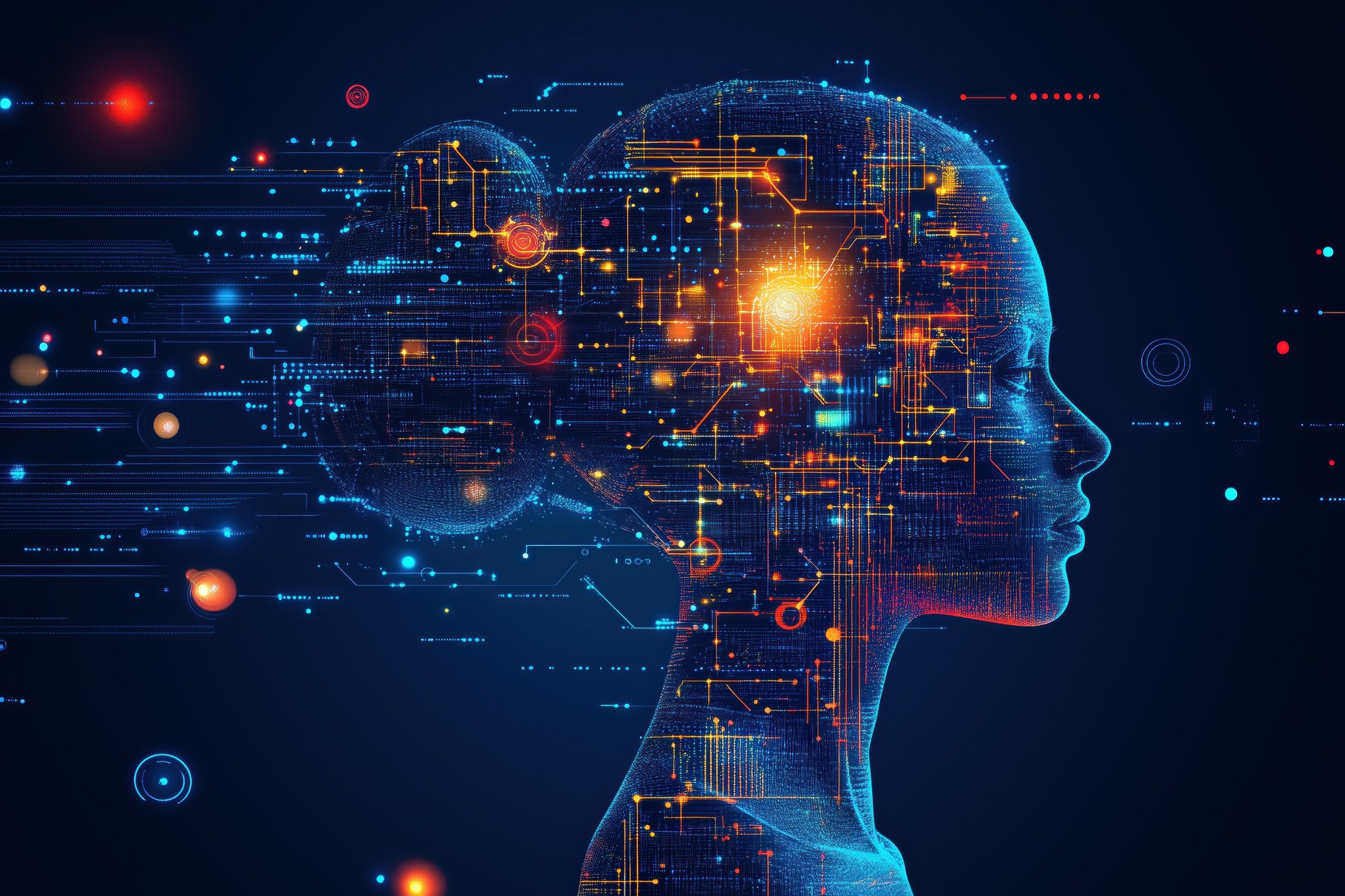 Digital illustration of a human head silhouette with glowing circuits ...