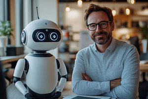 A smiling man PA Analyst (Robotic Process Automation Analyst) with glasses sits, a Person Photo by Textures & Backgrounds