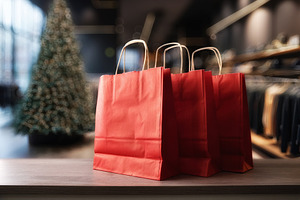 Shopping in stores with red shopping bags in clothing store, a Holiday Photo by Davizro's Market