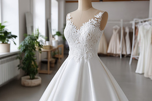 Elegant white mannequin displays classic wedding dress in bridal showroom, a Beauty & Fashion Photo by AlyaAnd