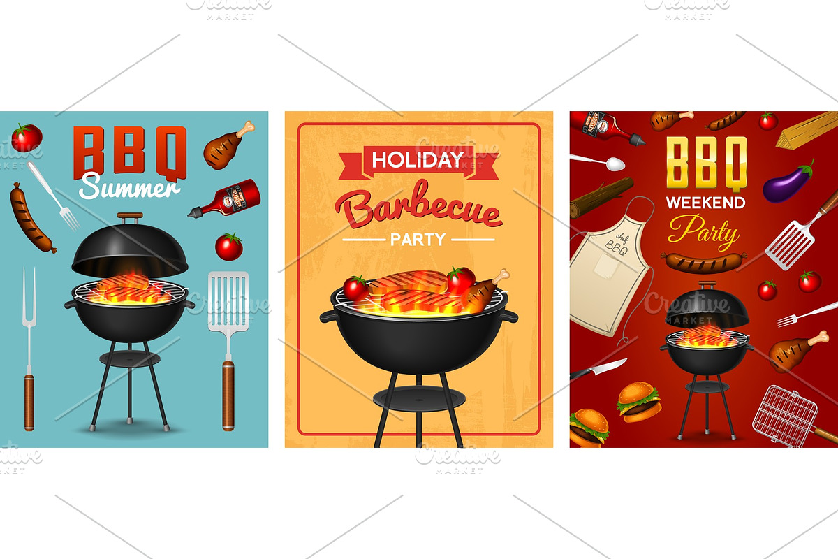 Barbecue grill elements set isolated on red background. BBQ party ...