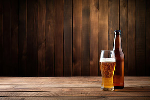 Bottle and glass of beer on wooden background, a Food & Drink Photo by AlyaAnd